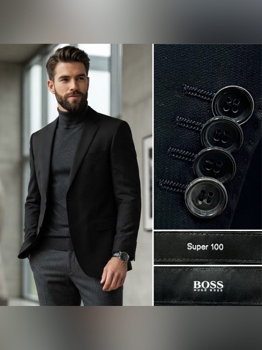 HUGO BOSS Men's 48L Black Tonal Stripe Wool The James4/Sharp6 Blazer Jacket